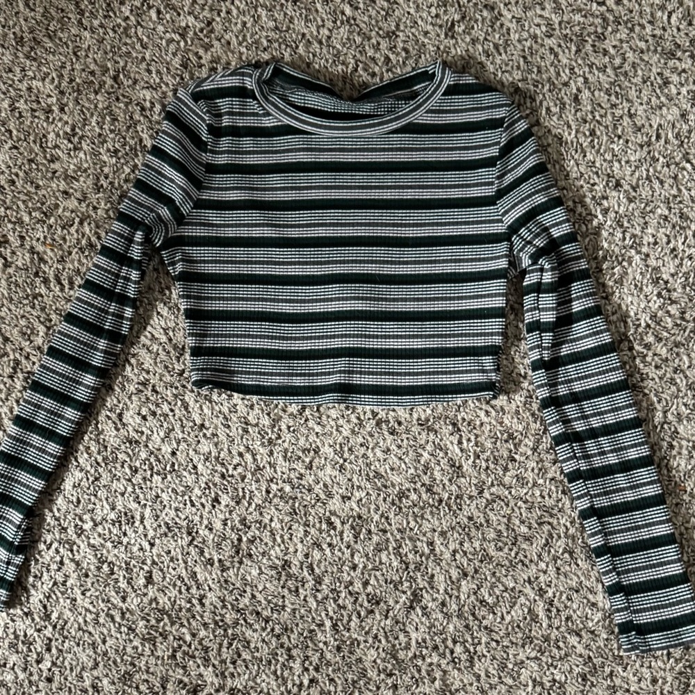 Striped Black, Green and White Long Sleeve Crop Top